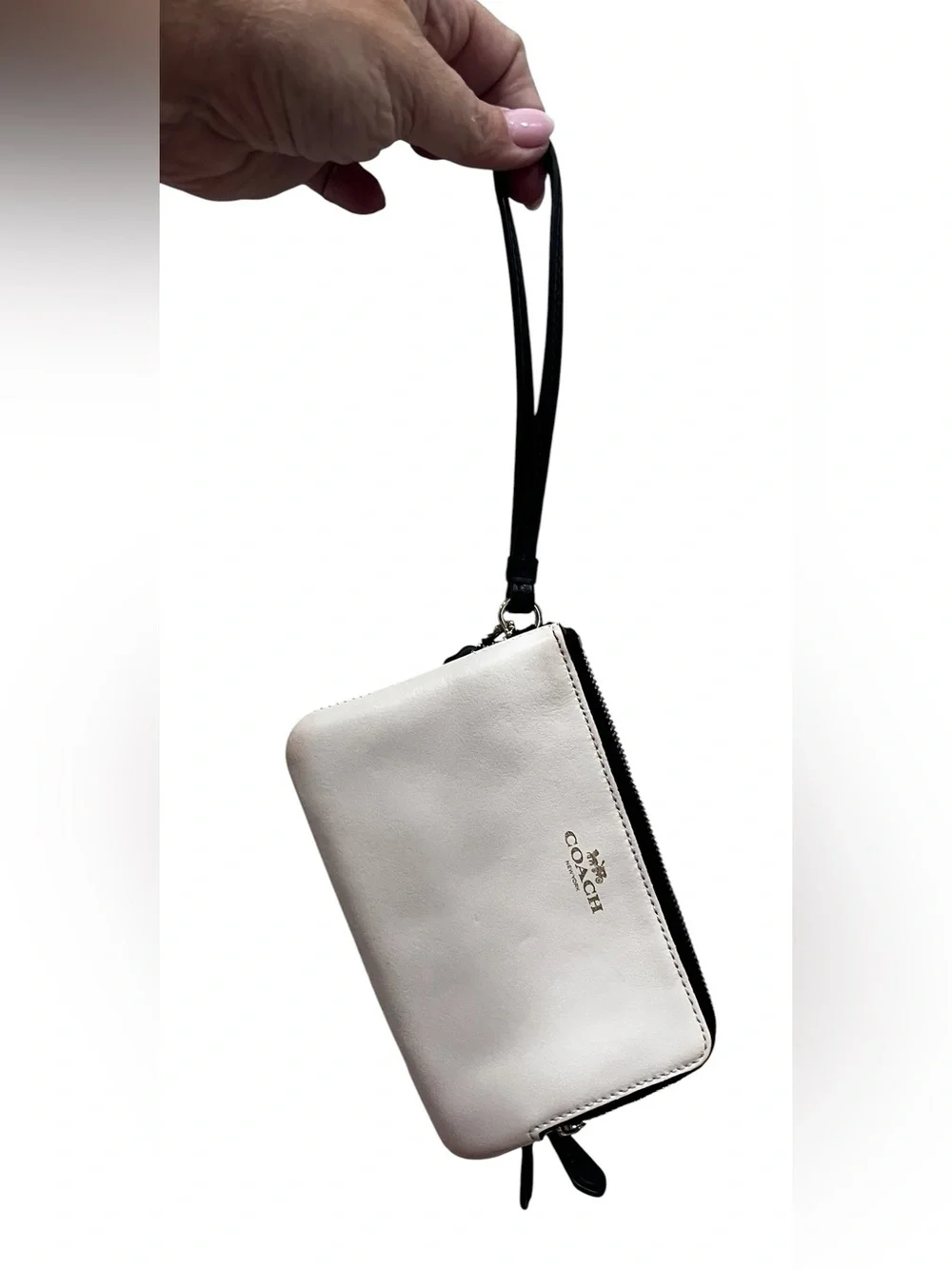 Coach Double Zip Wristlet Pouch White Leather & Signature Canvas Black Brown EUC